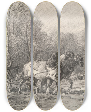 Triptych art skateboard deck of Charles Emile Jacque A Peasant With A Horse Drawnplough by Charles Emile Jacque (1813-1894)