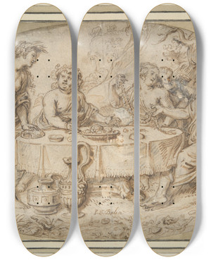 Triptych art skateboard deck of Peiter Van Balen Banquet Of Ceres Bacchus Venus Andneptune by Peiter Van Balen (1580-1656)