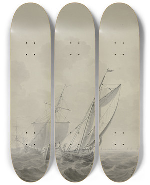 Triptych art skateboard deck of Cornelis De Grient Bewegte See Mit Vielen Schiffen Vorne Eine Barke Mit Vier Mann Nach Rechts Segelnd by Cornelis de Grient (1691-1783)