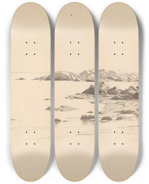 Triptych art skateboard deck of William Stanley Haseltine Rocklined Beach With Distant Boats by William Stanley Haseltine (1835-1900)