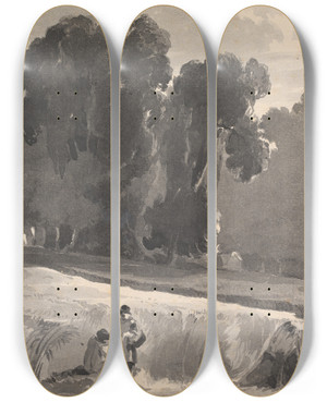 Triptych art skateboard deck of Thomas Sully Landscape With Figures In Field by Thomas Sully (1783-1872)