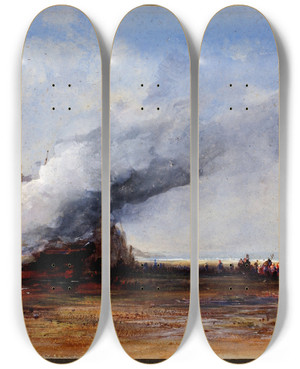 Triptych art skateboard deck of Francis Danby Burning Of An Old Boat by Francis Danby (1793-1861)