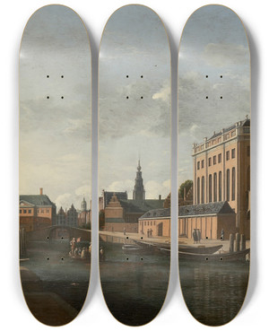 Triptych art skateboard deck of Gerrit Adriaensz Berckheyde The Two Synagogues In Amsterdam by Gerrit Adriaensz Berckheyde (1638-1698)