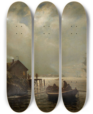 Triptych art skateboard deck of Johan Nielssen Moonlight by Johan Nielssen (1835-1912)