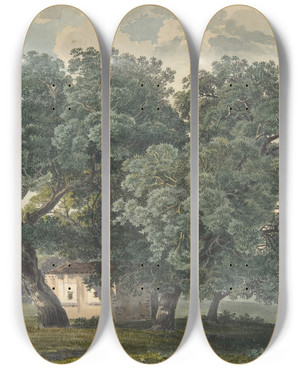 Triptych art skateboard deck of Friedrich Salath Italian Landscape With Trees by Friedrich Salathe (1793-1860)