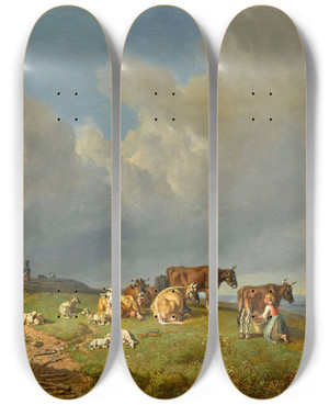 Triptych art skateboard deck of Heinrich Brkel Out To Pasture by Heinrich Burkel (1802-1869)
