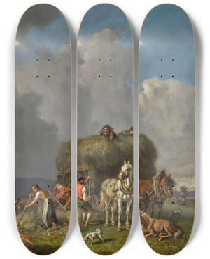 Triptych art skateboard deck of Heinrich Brkel The Hay Harvest by Heinrich Burkel (1802-1869)