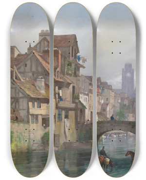 Triptych art skateboard deck of Giuseppe Canella View Of Rouen by Giuseppe Canella (1788-1847)