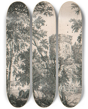 Triptych art skateboard deck of Joseph Stannard Old Whittlingham Church by Joseph Stannard (1797-1830)