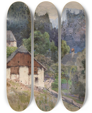 Triptych art skateboard deck of Fritz Lach A View Of Johnsbach In Gesuse Mountain Region by Fritz Lach (1868-1933)