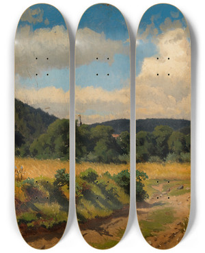 Triptych art skateboard deck of Werner Holmberg Cereal Field At The Edge Of The Forest Rehearsal by Werner Holmberg (1830-1860)