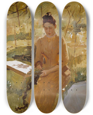 Triptych art skateboard deck of Albert Edelfelt The Artists Sisters Annie And Berta Binding Garlands by Albert Edelfelt (1854-1905)
