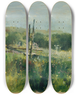 Triptych art skateboard deck of Johann Till The Younger Wiese Mit Zaun by Johann Till the younger (1827-1894)