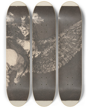 Triptych art skateboard deck of Francisco De Goya Renounce The Friend Who Covers You With His Beak Flying Folly Reniego Al Amigo Que Cubre Con Las Alas Y Muerde Con El Pico Disparate Volante by Francisco de Goya (1746-1828)