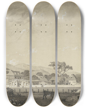 Triptych art skateboard deck of Michel Jean Cazabon Residence At Grange Grove Estate Tacarigua by Michel Jean Cazabon (1813-1888)