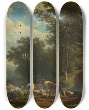 Triptych art skateboard deck of Alexander Joseph Daiwaille Landscape With A Peasant And His Flock by Alexander Joseph Daiwaille (1818-1888)