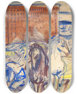 Triptych art skateboard deck of Edvard Munch Horse Team On A Building Site by Edvard Munch (1863-1944)