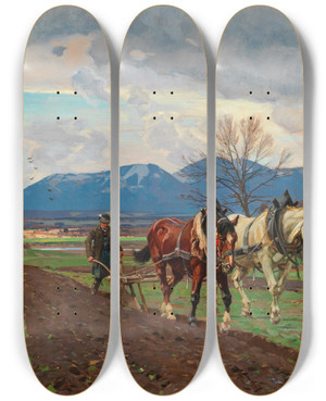 Triptych art skateboard deck of Otto Strtzel Pflgender Bauer by Otto Strutzel (1855-1930)