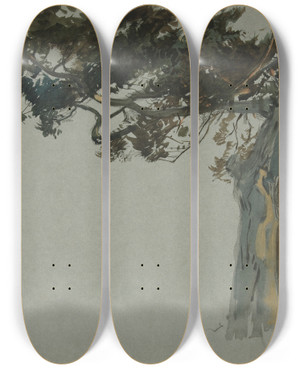 Triptych art skateboard deck of Edwin Austin Abbey Figures Standing Beneath A Tree by Edwin Austin Abbey (1852-1911)