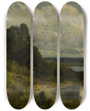 Triptych art skateboard deck of Edward Mitchell Bannister The Palmer River by Edward Mitchell Bannister (1828-1901)