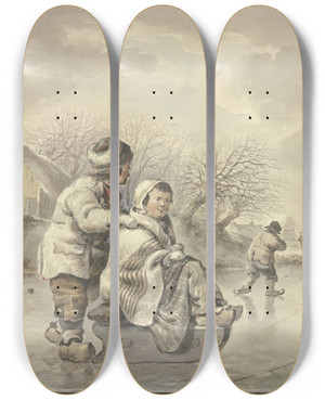 Triptych art skateboard deck of Jacob Van Strij Winterlandschaft Mit Schlittschuhlufern by Jacob Van Strij (1756-1815)