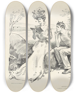 Triptych art skateboard deck of Charles Dana Gibson Advice To Students Be Read To It Saves The Eyes For Better Things by Charles Dana Gibson (1867-1944)