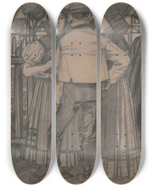 Triptych art skateboard deck of Fritz Boehle Vier Bauern Und Zwei Buerinnen Im Gesprch by Fritz Boehle (1873-1916)