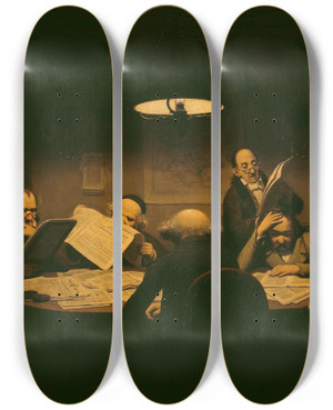 Triptych art skateboard deck of Johann Peter Hasenclever The Reading Room by Johann Peter Hasenclever (1810-1853)