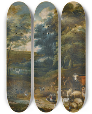 Triptych art skateboard deck of Isaac Van Oosten The Garden Of Eden by Isaac Van Oosten (1613-1661)