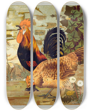 Triptych art skateboard deck of Maurice Pillard Verneuil Coqs Et Poules by Maurice Pillard Verneuil (1869-1942)