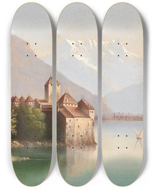 Triptych art skateboard deck of Hubert Sattler Blick Auf Schloss Chillon Am Genfer See_2 by Hubert Sattler (1817-1904)