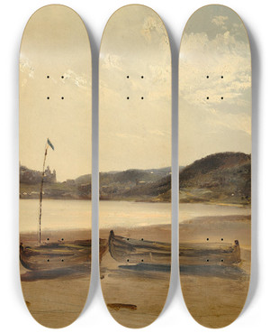 Triptych art skateboard deck of Thodore Gudin Boats On The Beach by Theodore Gudin (1802-1880)