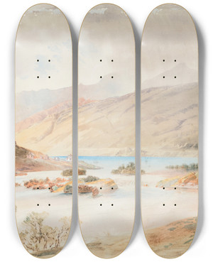Triptych art skateboard deck of Nicholas Chevalier The Falls Of The Kawarau Wakatipu Lake by Nicholas Chevalier (1828-1902)