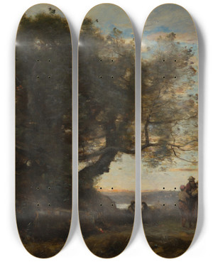 Triptych art skateboard deck of Jeanbaptistecamille Corot The Gypsies by Jean-Baptiste-Camille Corot (1796-1875)