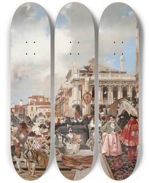 Triptych art skateboard deck of Franois Flameng The Carnival Venice by Francois Flameng (1856-1923)