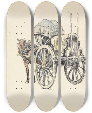 Triptych art skateboard deck of Peter Hansen Italiensk Fragtvogn by Peter Hansen (1868-1928)