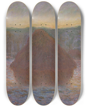Triptych art skateboard deck of Claude Monet Stack Of Wheat Thaw Sunset by Claude Monet (1840-1926)