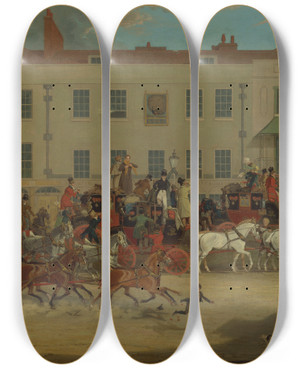Triptych art skateboard deck of James Pollard North Country Mails At The Peacock Islington by James Pollard (1792-1867) Triptych art skateboard deck of James Pollard North Country Mails At The Peacock Islington by James Pollard (1792-1867)