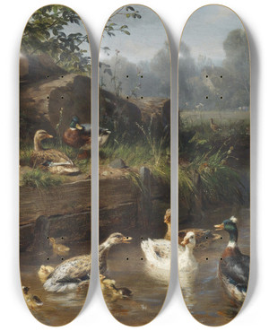 Triptych art skateboard deck of Carl Jutz Enten Am Bach by Carl Jutz (1838-1916)