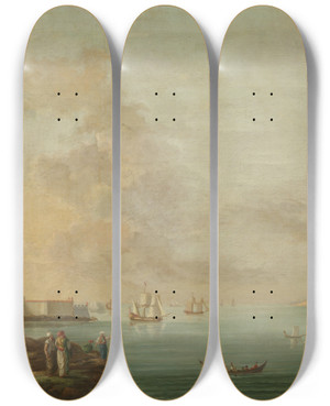 Triptych art skateboard deck of Antoine Van Der Steen View Of The Dardanelles by Antoine van der Steen (18-)