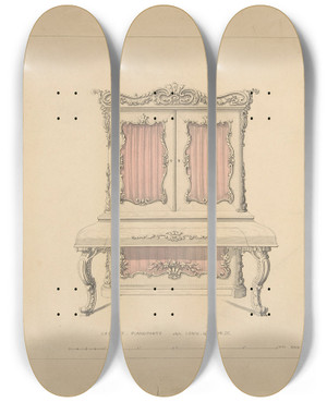 Triptych art skateboard deck of Robert William Hume Design For Cabinet Pianoforte Louis Quatorze Style by Robert William Hume (1816-1904)