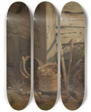 Triptych art skateboard deck of Anders Askevold Study Of A Treebucket With Potatoes by Anders Askevold (1834-1900)