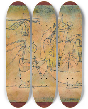 Triptych art skateboard deck of Paul Klee Birnendestillation Distillation Of Pears by Paul Klee (1879-1940)