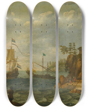 Triptych art skateboard deck of Abraham Willaerts Ships Moored Off A Rocky Coastline With Fishermen Unloading Their Catch by Abraham Willaerts (1603-1669)