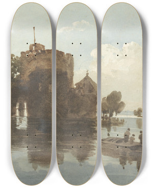 Triptych art skateboard deck of John Varley A Castle At The Waterside by John Varley (1778-1842)