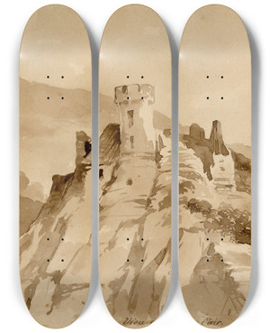 Triptych art skateboard deck of Pieter Van Loon Kasteel Op Een Bergtop by Pieter Van Loon (1801-1873)