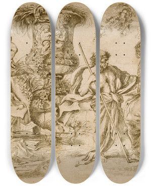 Triptych art skateboard deck of Giovanni Benedetto Castiglione Temporalis Aeternitas by Giovanni Benedetto Castiglione (1609-1664)