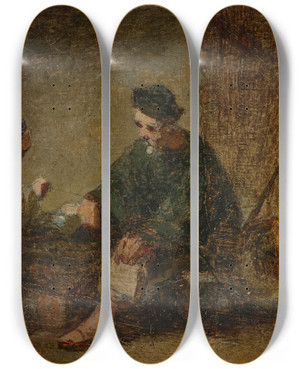 Triptych art skateboard deck of George Chinnery A Street Scene In Macau With Two Figures Playing A Game by George Chinnery (1774-1852)