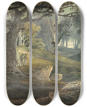 Triptych art skateboard deck of William Payne Travellers In A Woodland Glade by William Payne (1760-1830)