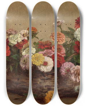 Triptych art skateboard deck of Victoria Fantinlatour Panier De Zinnias by Victoria Fantin Latour (1840-1926)